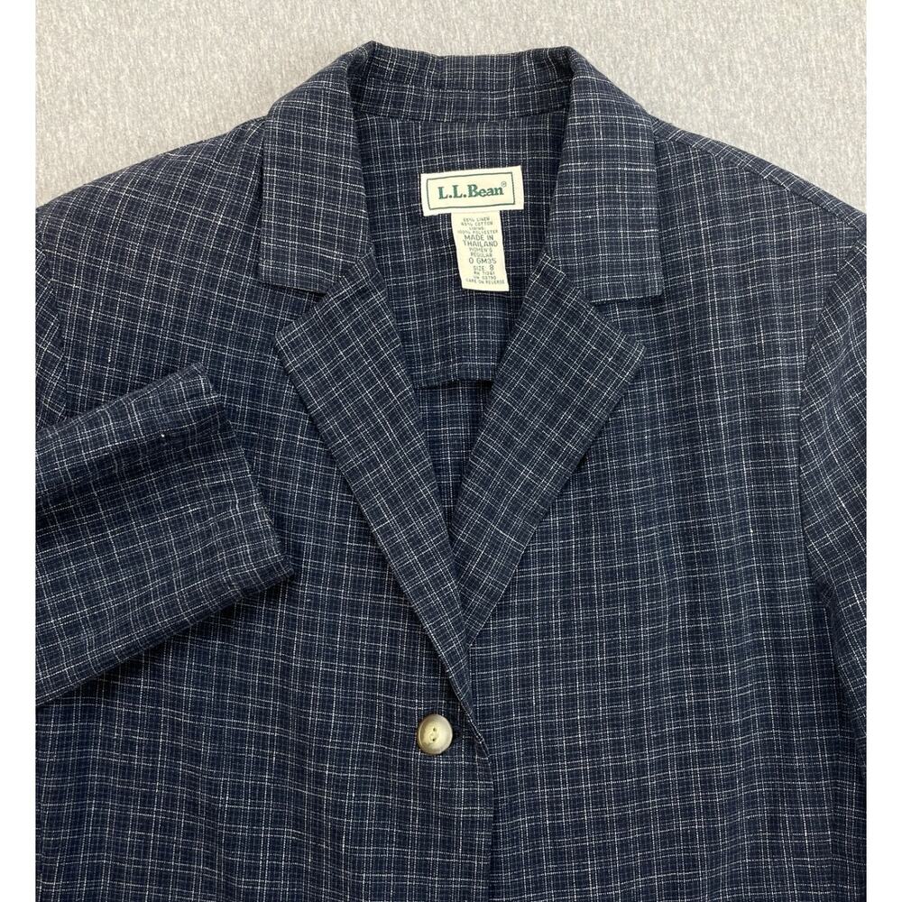LL Bean Blazer Womens 8 Black Plaid Long Sleeve‎ Linen Cotton Blend 3-Button